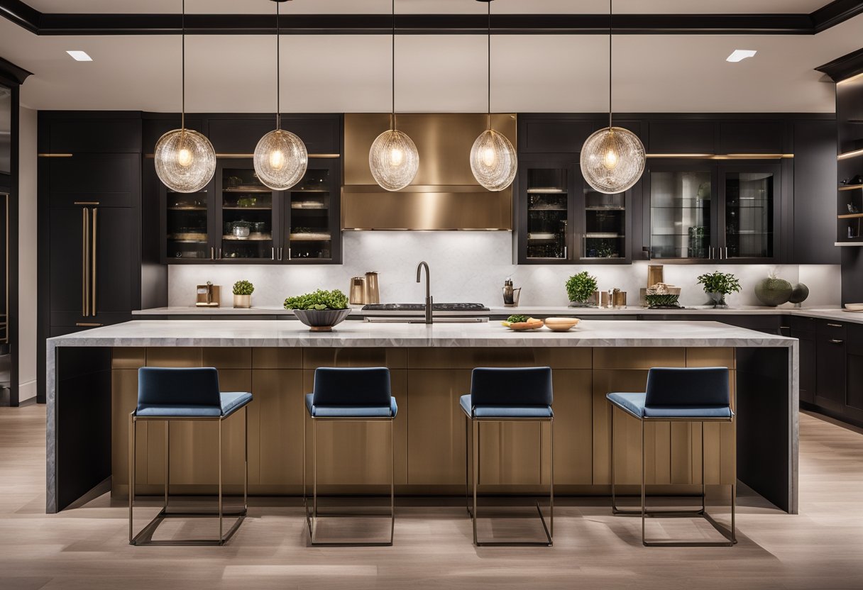 A modern kitchen island with sleek cabinets, marble countertops, and stylish pendant lighting