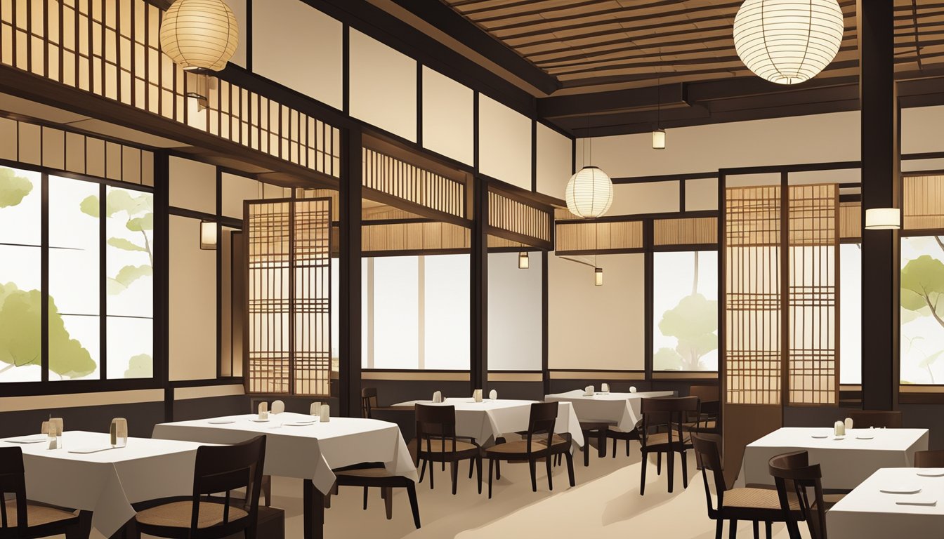 The Izumi Japanese restaurant is a serene space with minimalist decor, featuring traditional Japanese elements like paper lanterns and bamboo screens