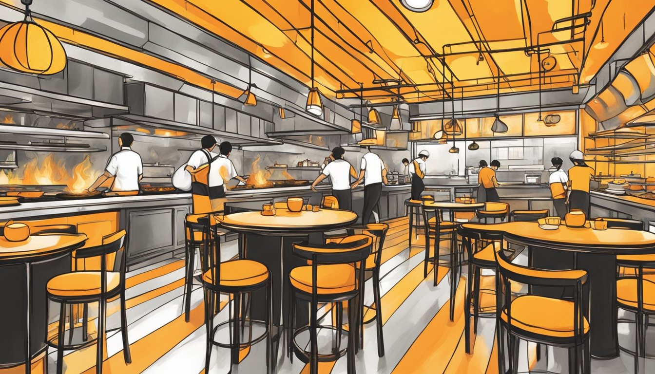 The flames dance and flicker in the open kitchen of a bustling restaurant in Singapore. The vibrant orange and yellow colors create a mesmerizing and energetic atmosphere