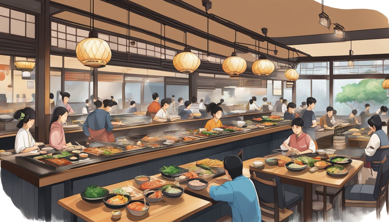 A bustling Japanese restaurant in Bugis, with colorful sushi, sizzling teppanyaki, and steaming bowls of ramen on the tables