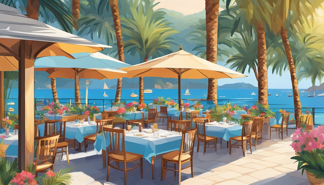 A bustling Marmaris restaurant with colorful outdoor seating, surrounded by palm trees and overlooking the sparkling blue sea