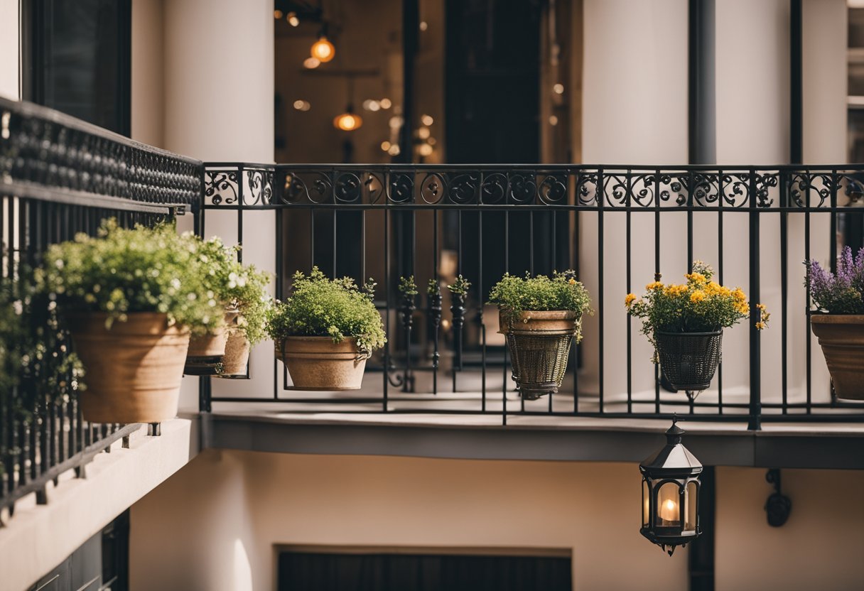 A corner balcony with ornate iron railings overlooks a bustling city street, adorned with potted plants and hanging lanterns