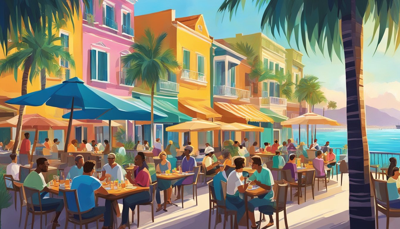 People dining at outdoor tables, surrounded by colorful buildings and palm trees, with the sparkling sea in the background