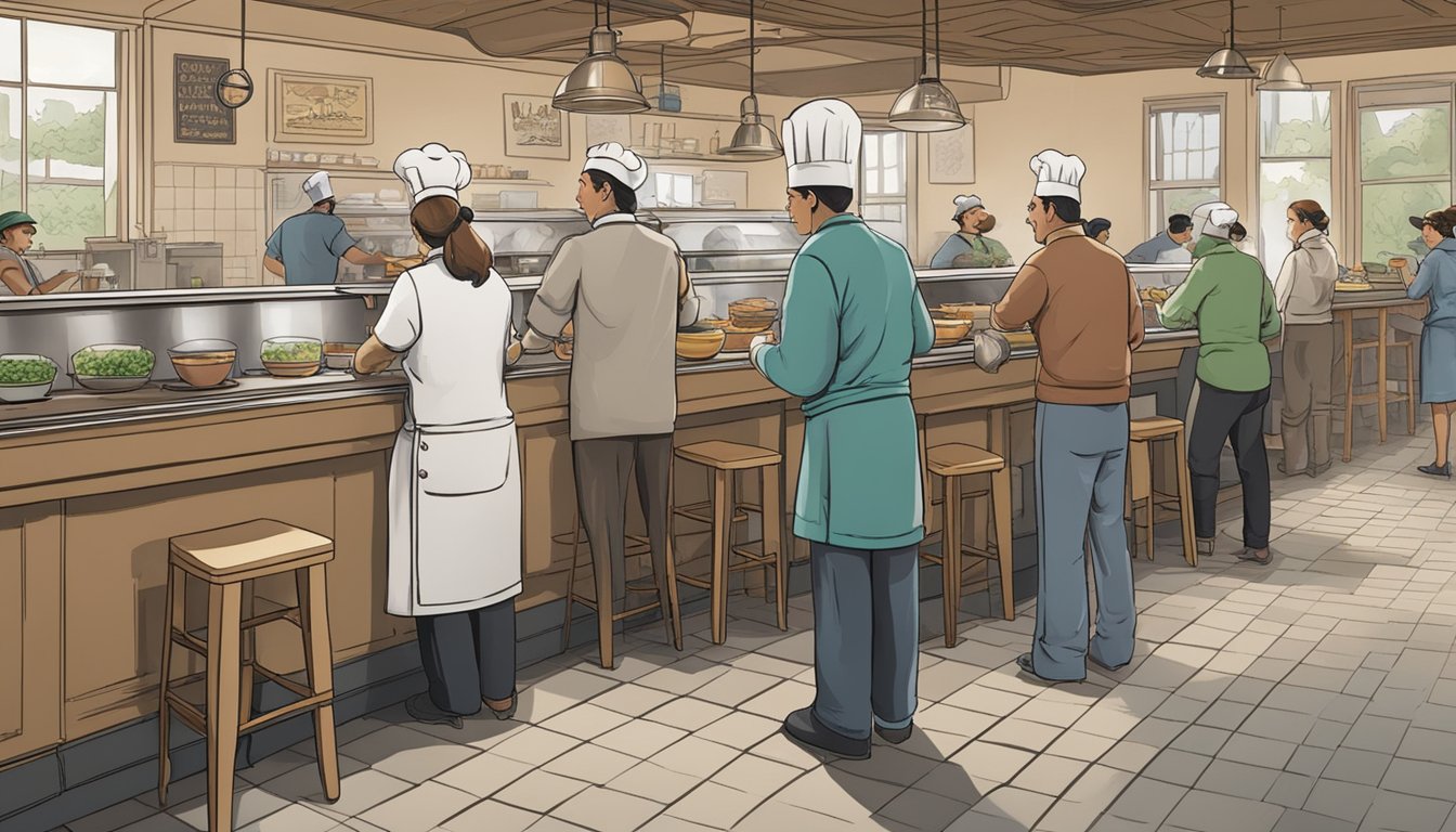 Customers line up at the F.A.Q. soup restaurant counter, reading the menu and chatting. Steam rises from bowls as the chef prepares orders in the open kitchen