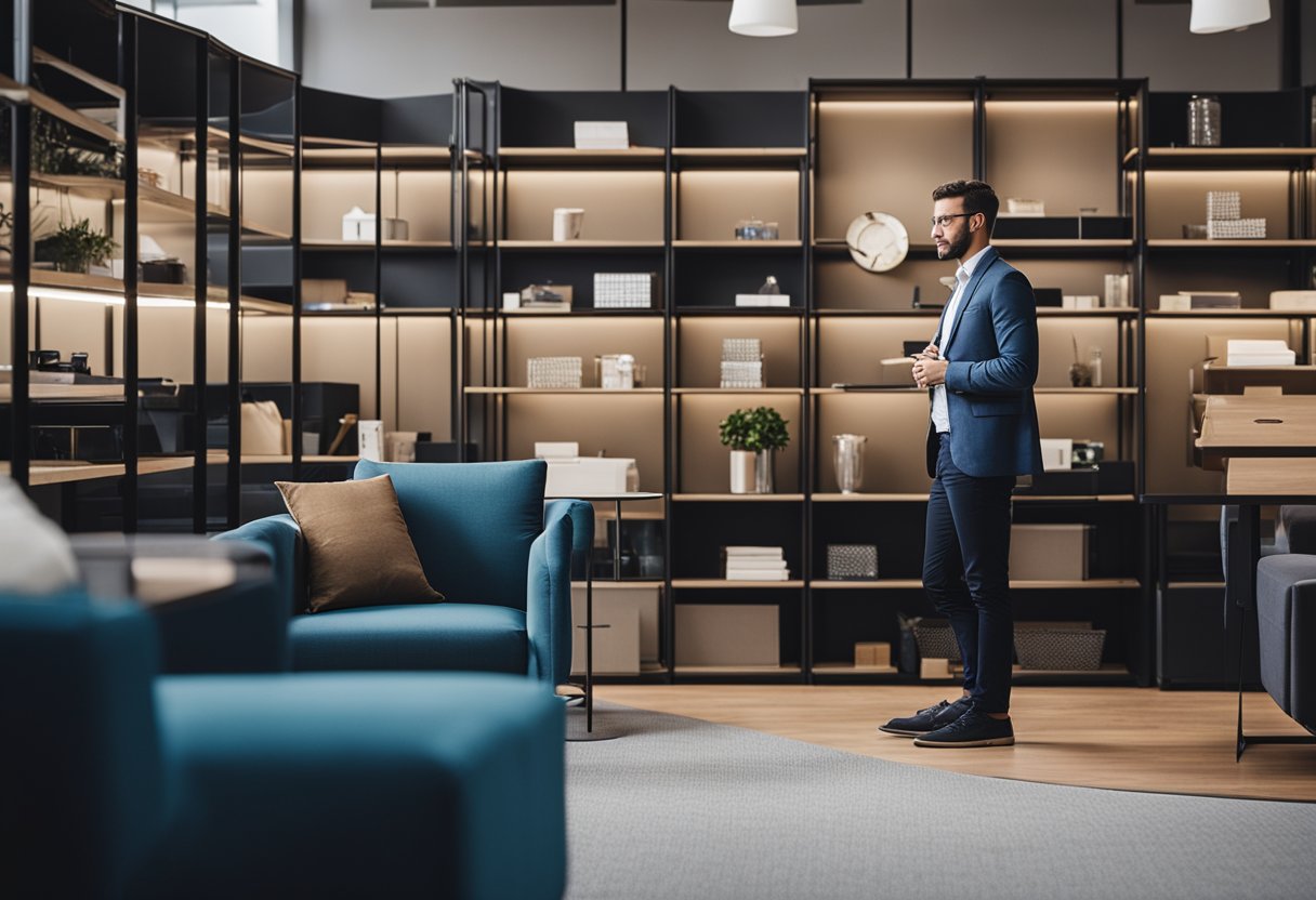 A person browsing through a variety of office furniture options in a spacious showroom, with shelves neatly organized and different styles on display