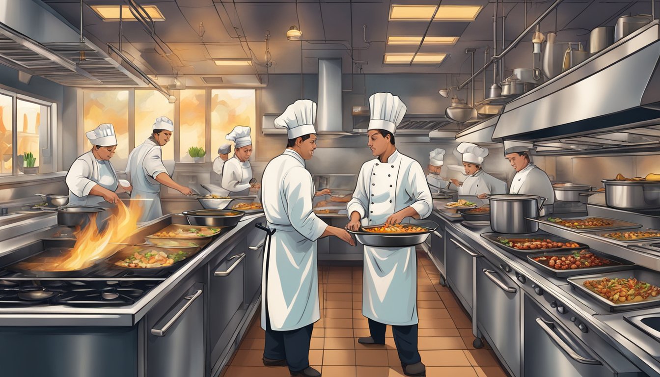 A bustling restaurant kitchen with chefs preparing a variety of culinary delights. A menu board displays the offerings, while flames dance on the stovetops