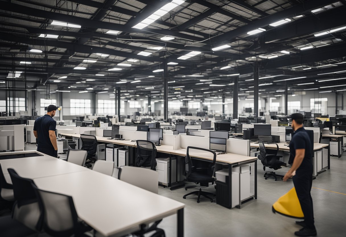 A team of workers inspect and test wholesale office furniture for quality and durability in a spacious warehouse