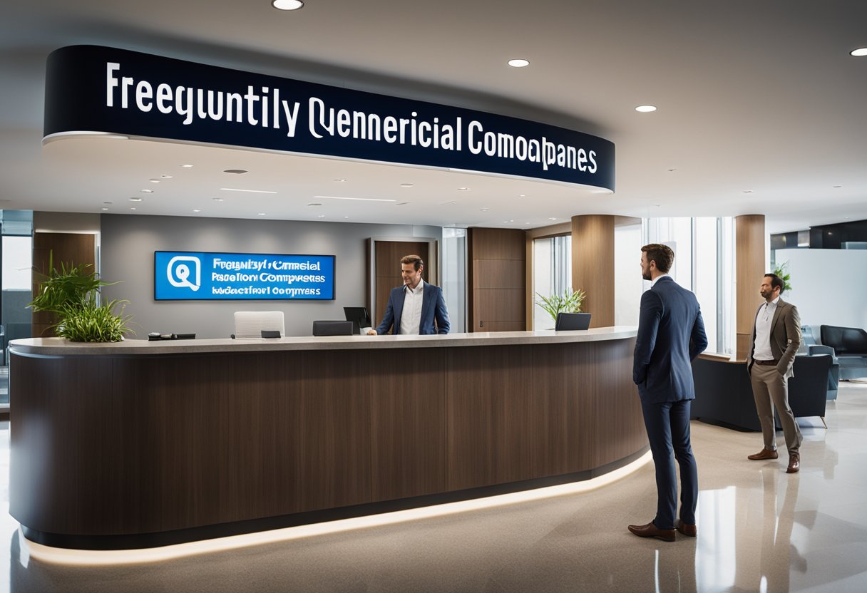 A bustling office lobby with a sign reading "Frequently Asked Questions commercial renovation companies" above a sleek reception desk. Multiple people are engaged in conversation and activity, creating a lively atmosphere