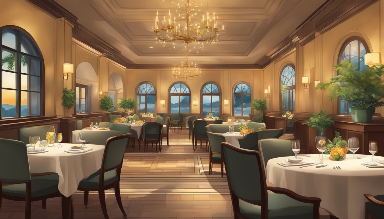 The elegant dining area features cozy tables, soft lighting, and attentive staff serving delectable dishes to satisfied patrons