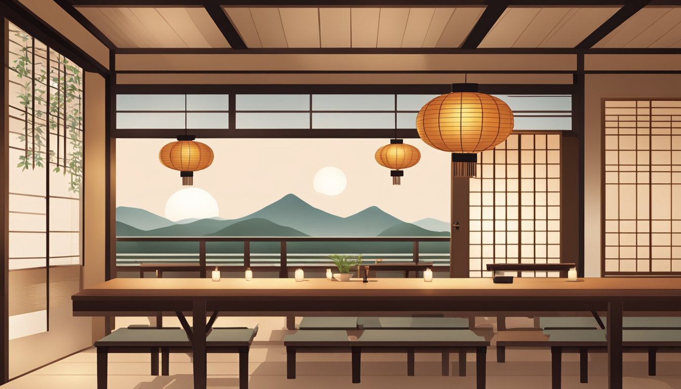 A traditional Japanese restaurant with wooden tables, paper lanterns, and sliding doors. The ambiance is serene with soft lighting and a minimalist design