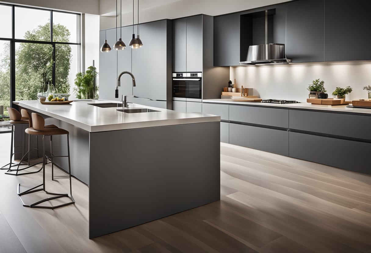 A modern kitchen island with sleek cabinets and integrated FAQ display