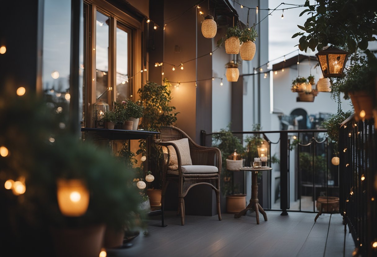 A cozy corner balcony with potted plants, a small bistro set, and a hanging lantern. The railing is adorned with fairy lights, creating a warm and inviting atmosphere