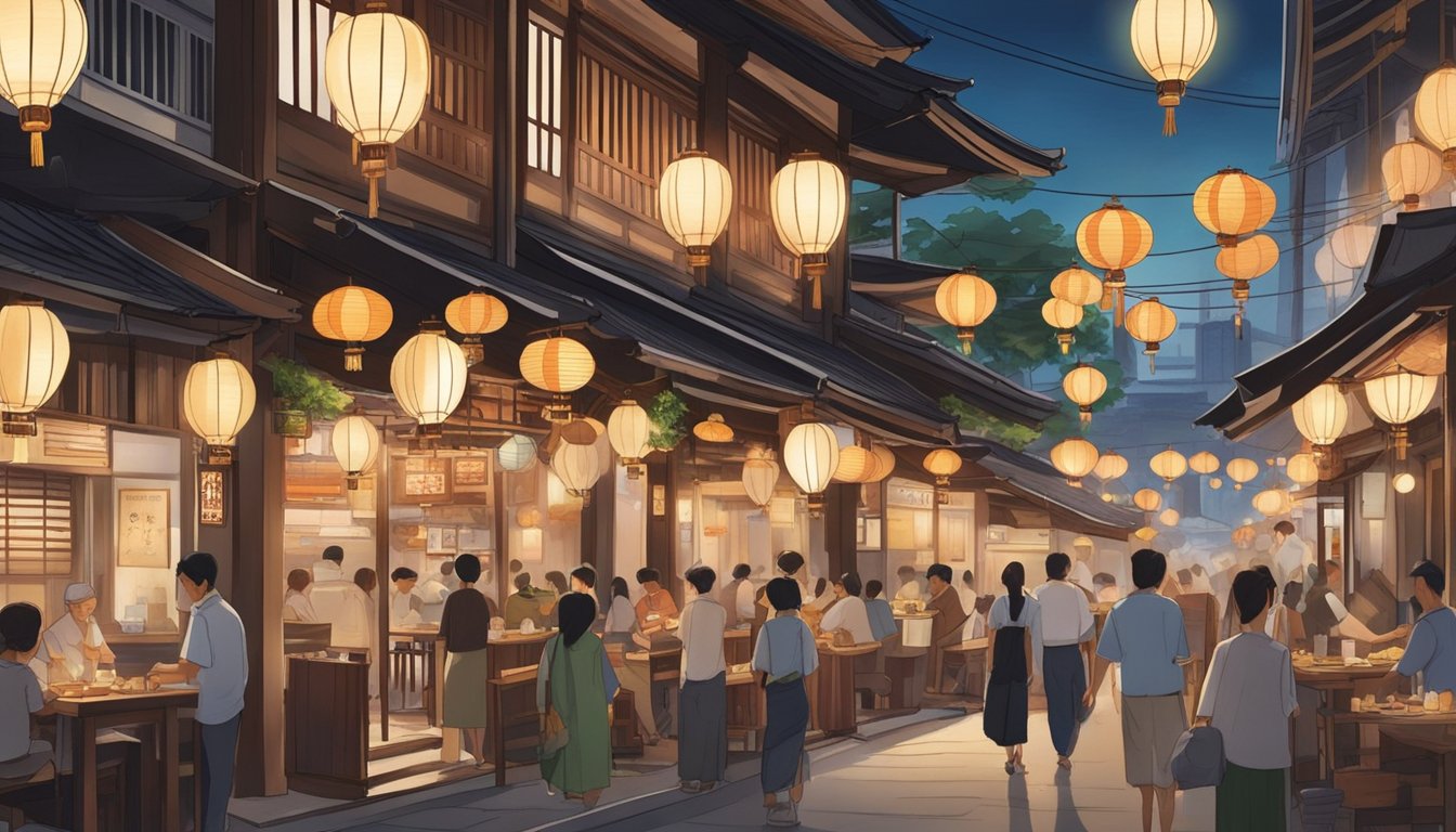 A bustling street in Bugis, lined with traditional Japanese eateries. Lanterns sway in the gentle breeze, casting a warm glow over the wooden storefronts. Aromatic steam rises from sizzling grills, enticing passersby with the promise of