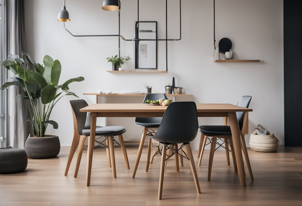 A sturdy wooden table and chair set in a modern living room, showcasing sleek design and practical functionality