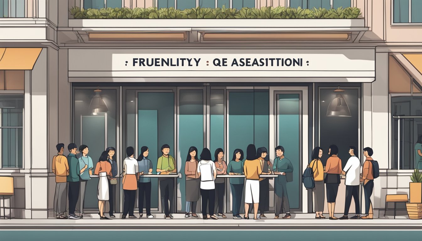 Customers lining up at the entrance of a modern restaurant with a sign that reads "Frequently Asked Questions" in Singapore