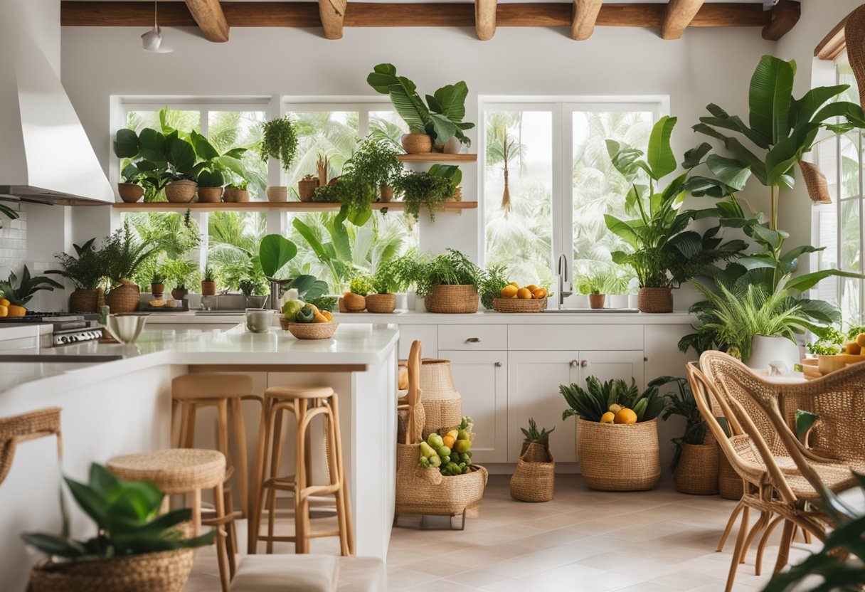 A bright, airy kitchen with lush green plants, rattan furniture, and colorful tropical fruits and flowers. The space is filled with natural light and has a relaxed, vacation-like atmosphere