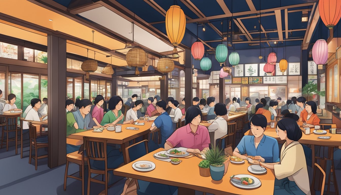 A bustling Japanese restaurant in Bugis, with colorful decor and a lively atmosphere. Customers enjoy sushi and sashimi while servers attend to their needs