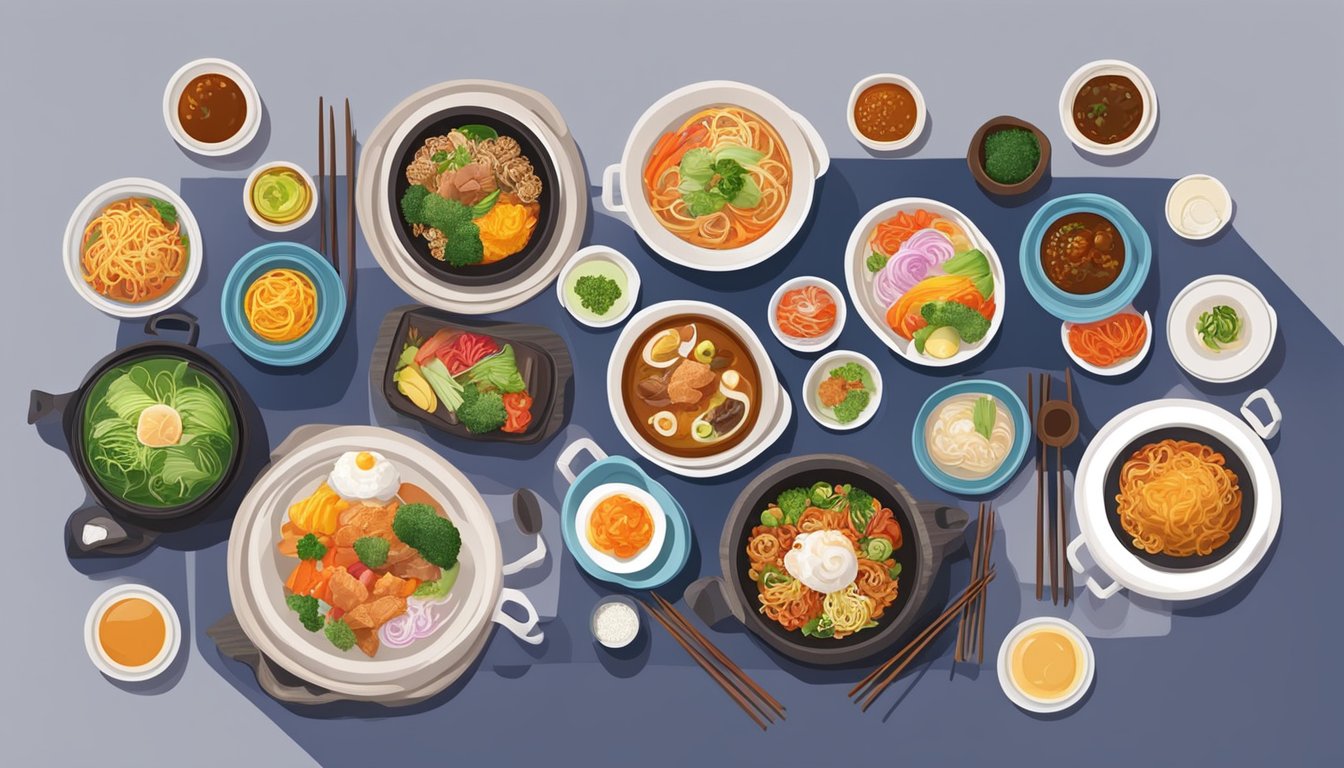 A table set with colorful dishes of Korean cuisine at a traditional restaurant, with vibrant ingredients and decorative tableware