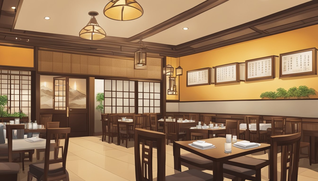 Customers entering Hansik Korean restaurant, greeted by warm lighting and traditional decor. A menu board and table settings invite them to plan their visit