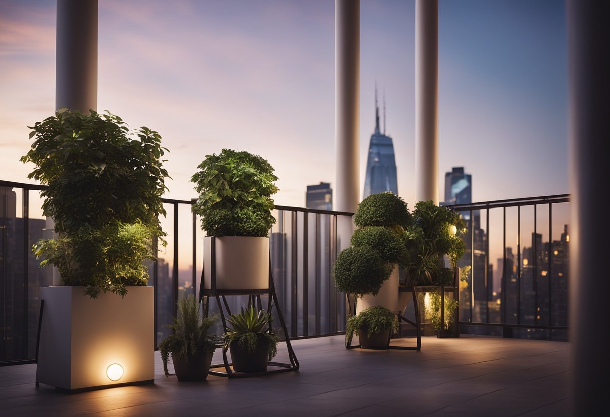 A corner balcony with sleek, modern railing and potted plants, overlooking a city skyline at dusk