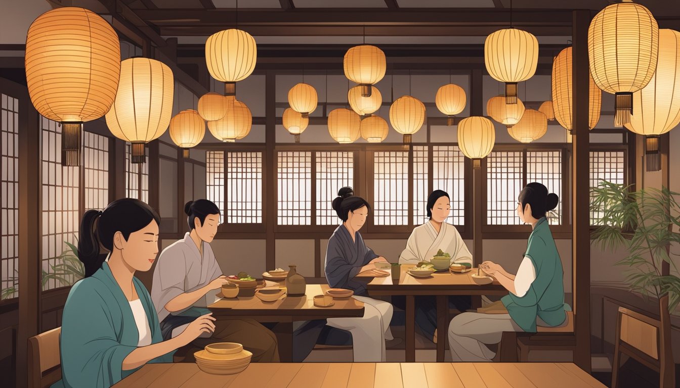 Customers dining in a traditional Japanese restaurant, surrounded by paper lanterns, bamboo decor, and a serene atmosphere