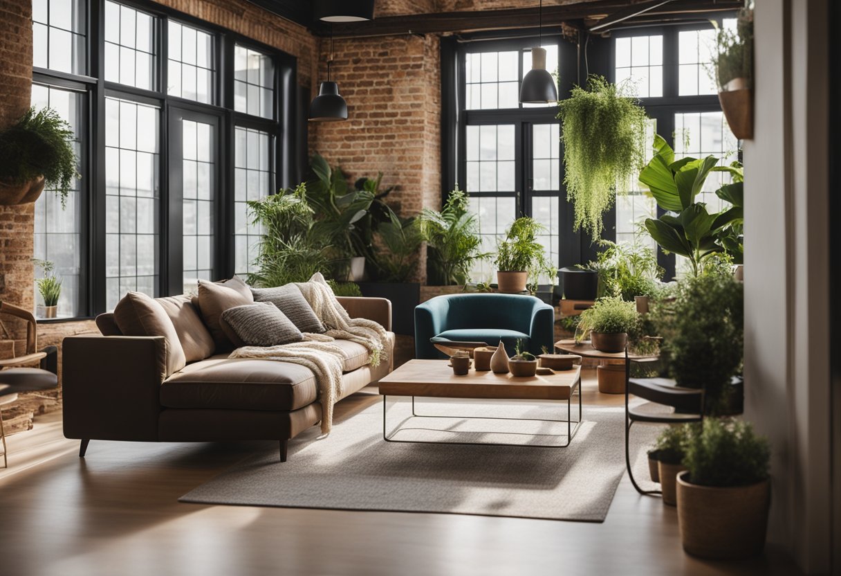 A cozy loft space with modern furniture, natural light streaming in, plants adding a touch of greenery, and stylish decor creating a warm and inviting atmosphere