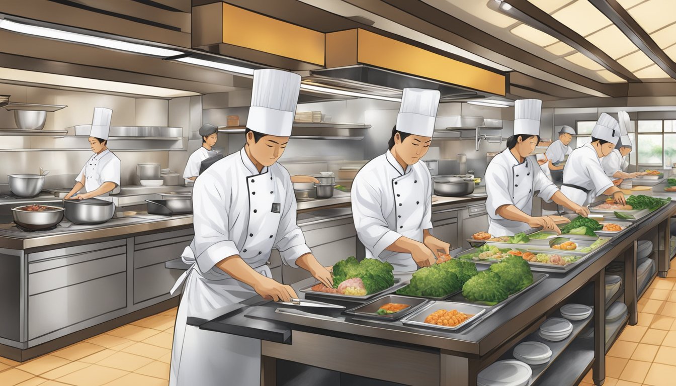 The bustling kitchen at Takashimaya Japanese restaurant, with chefs skillfully preparing signature dishes and fresh, vibrant ingredients on display