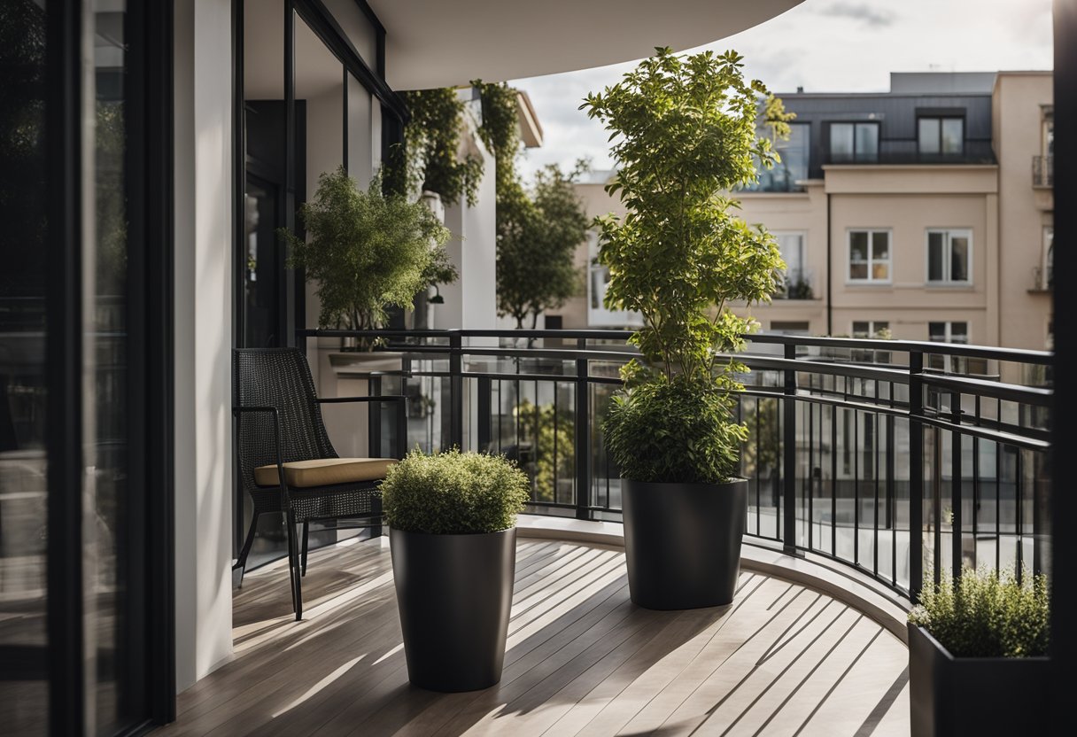 A corner balcony with modern design, featuring sleek metal railings and glass panels. The space is furnished with comfortable outdoor seating and potted plants