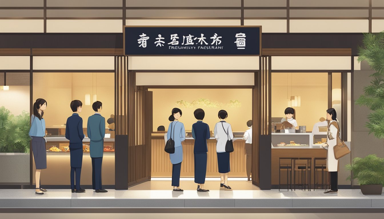 Customers line up at the entrance of Takashimaya Japanese restaurant. A sign with "Frequently Asked Questions" is prominently displayed near the hostess stand