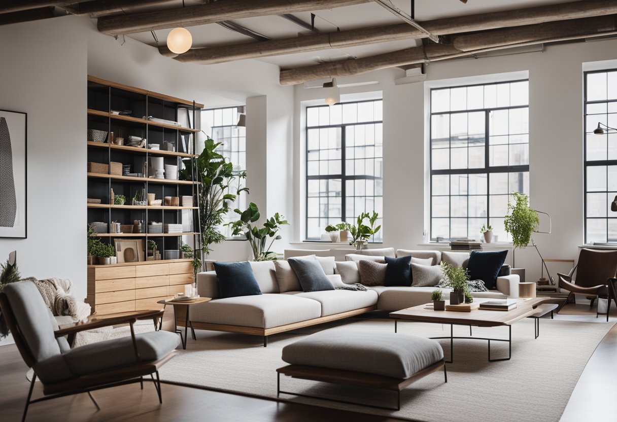 A modern loft with sleek furniture, including a cozy sofa, minimalist coffee table, and stylish shelving unit. The space is bright and airy, with large windows letting in plenty of natural light