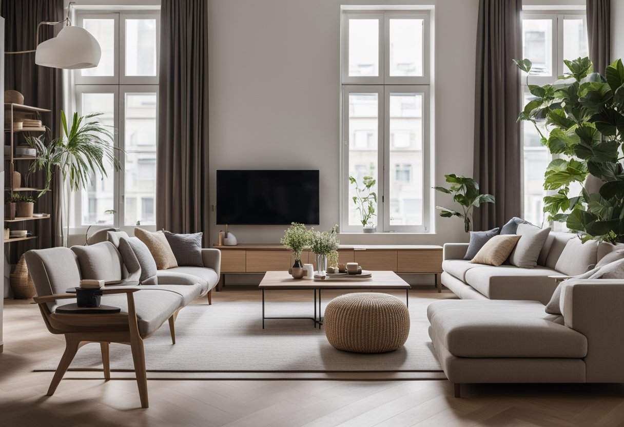 A long, narrow living room with minimalist furniture, a neutral color scheme, and large windows letting in natural light