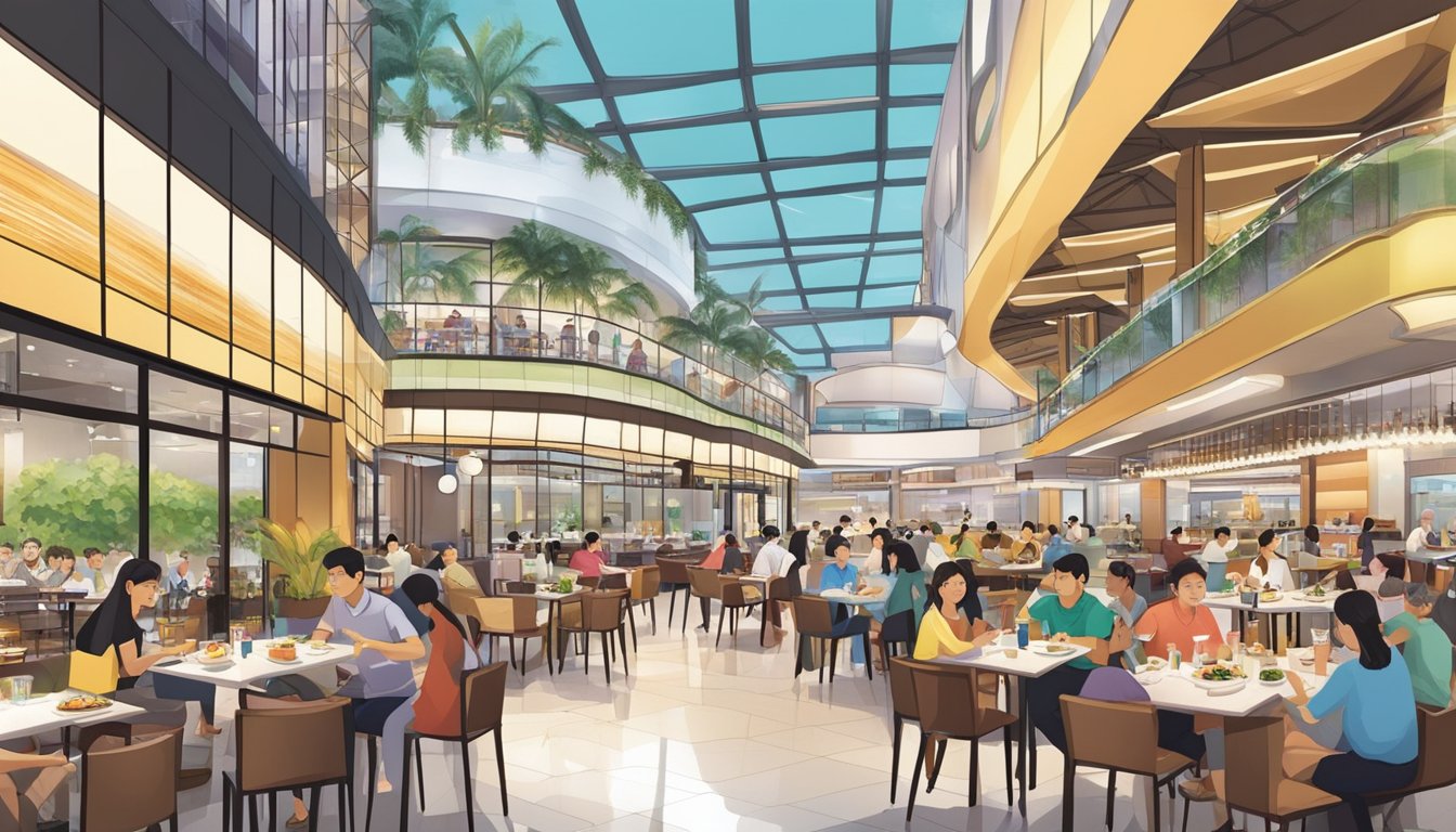 The bustling Kallang Wave Mall restaurants are filled with diners enjoying a variety of cuisines in a modern and vibrant setting
