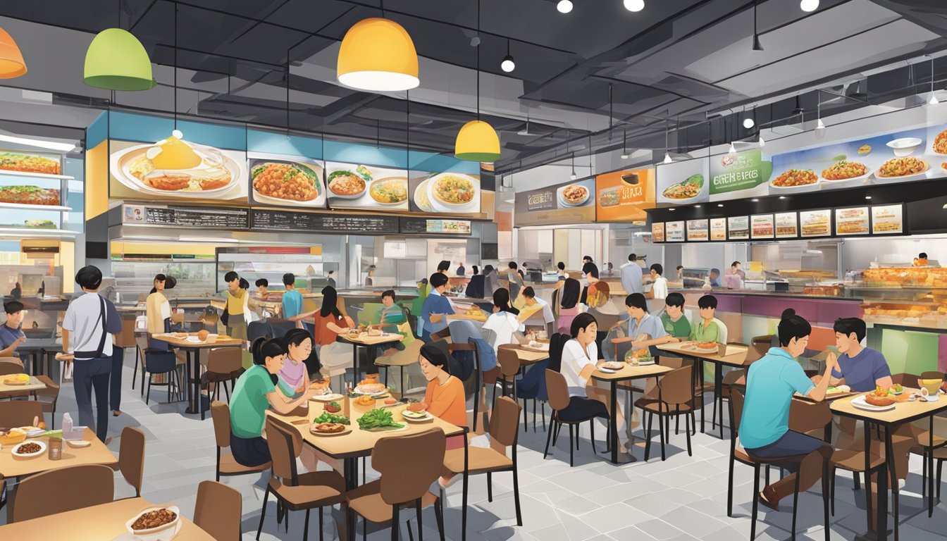 A bustling food court at Kallang Wave Mall showcases a variety of international cuisines, from sizzling stir-fries to mouthwatering desserts