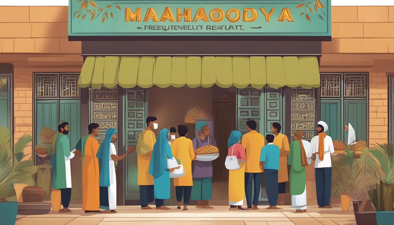 Customers line up at the entrance of Mahamoodiya restaurant, reading a sign that says "Frequently Asked Questions." The aroma of spices and sizzling food wafts through the air