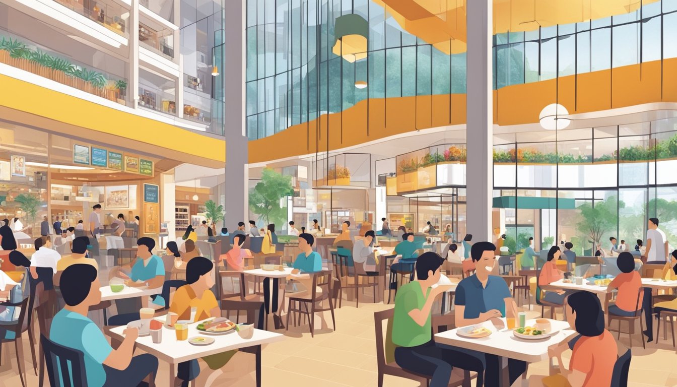 Customers enjoying dining at various restaurants in Kallang Wave Mall, surrounded by vibrant shops and bustling activity