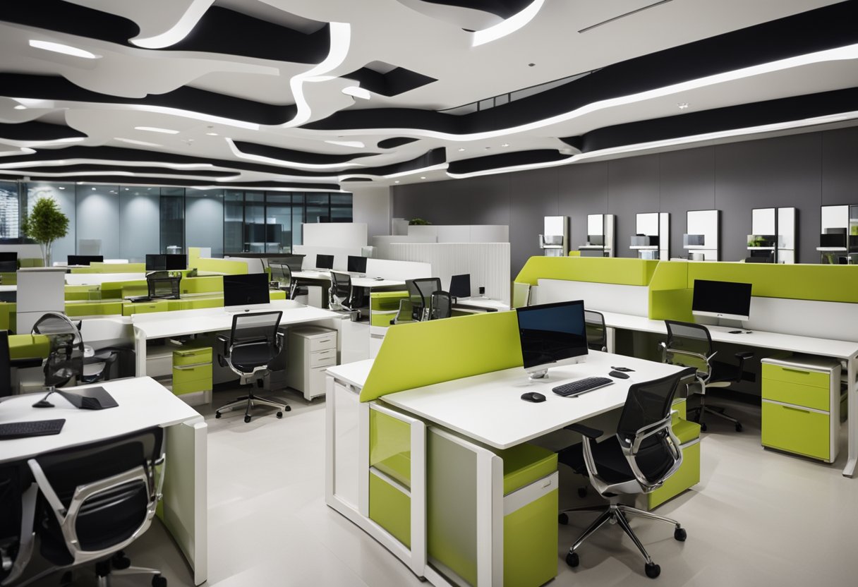A brightly lit showroom displays modern office furniture in Singapore. Shelves of ergonomic chairs and sleek desks fill the space