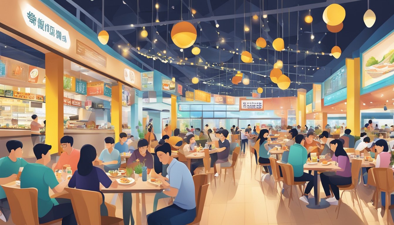 A bustling scene at Kallang Wave Mall, with various restaurants and diners enjoying their meals. The atmosphere is lively and vibrant, with people coming and going