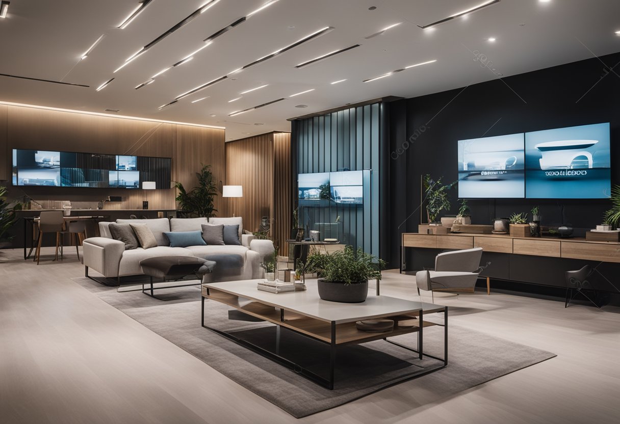 A spacious showroom with modern furniture displays, soft ambient lighting, and a minimalist color palette