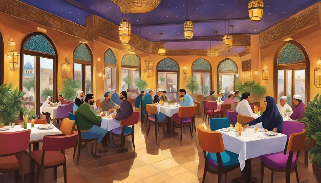 The bustling Omar Sharif restaurant, with colorful decor and aromatic scents, as patrons enjoy Middle Eastern cuisine and lively conversation