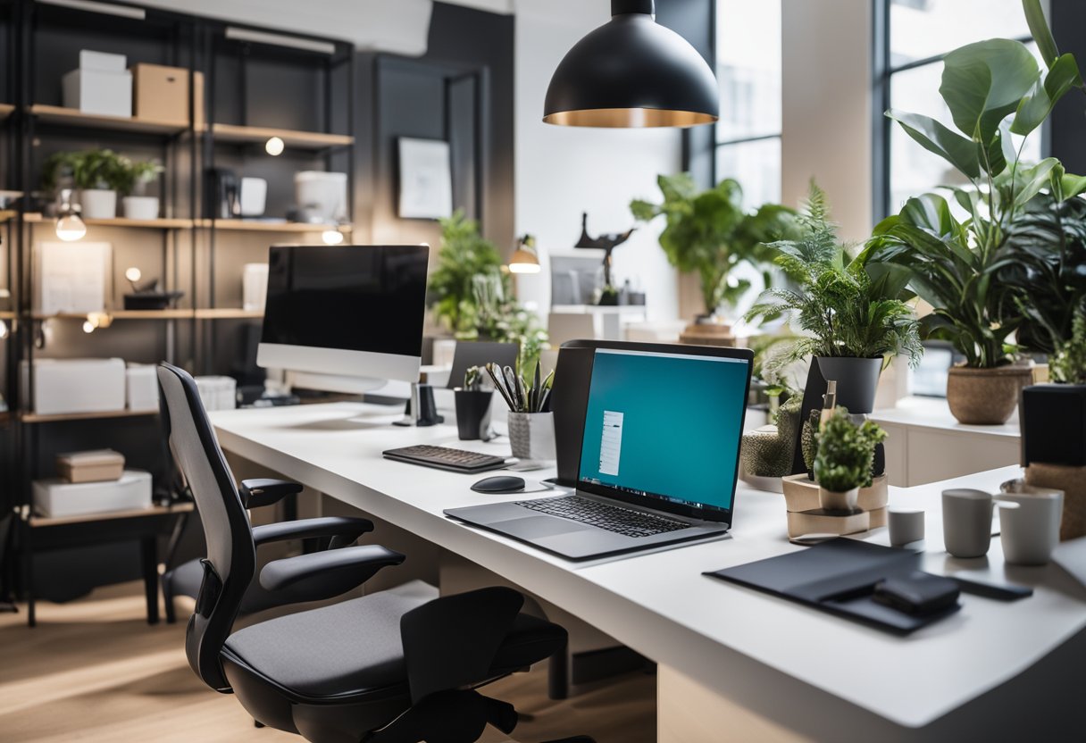 An open office space with modern, ergonomic furniture and vibrant decor. Shelves display various office supplies and a sleek desk is adorned with a laptop and stationery