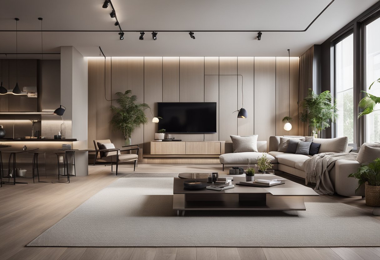 A long, narrow living room with functional design and layout. Minimalist furniture, neutral color palette, and strategic lighting