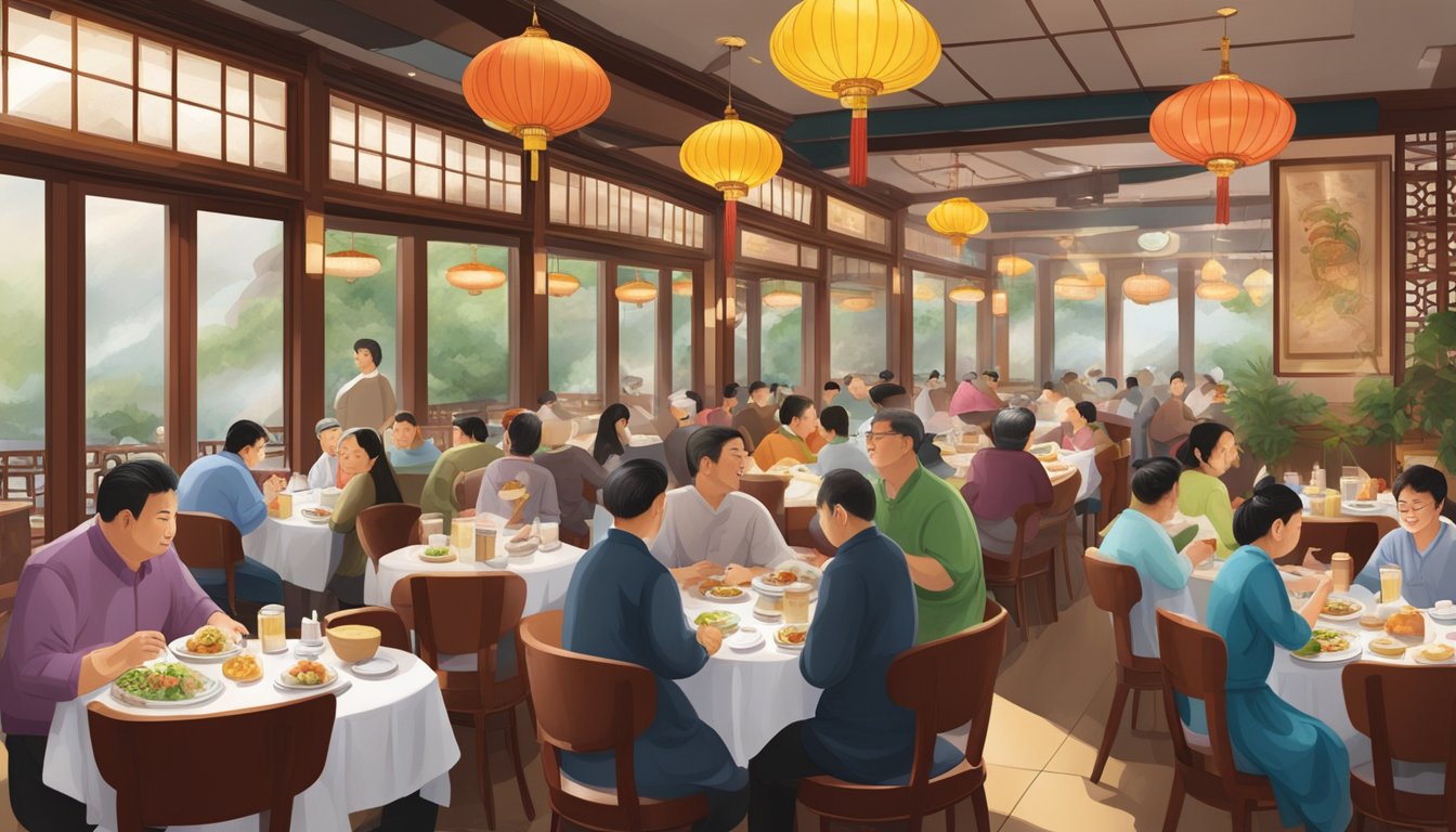 A bustling Li Bai Cantonese restaurant with colorful decor, steaming plates of dim sum, and lively conversations filling the air