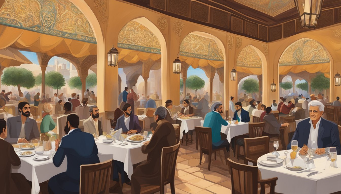 A bustling restaurant with elegant decor and warm lighting. Tables are filled with diners enjoying Middle Eastern cuisine. A large mural of Omar Sharif adorns the wall