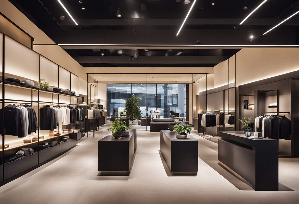 A modern, spacious flagship store with sleek furniture displays and elegant decor. Bright lighting and clean lines create a welcoming atmosphere