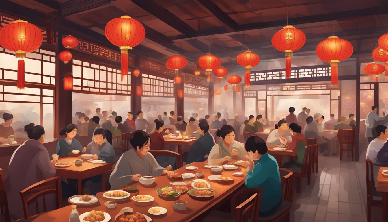 A bustling Cantonese restaurant, with red lanterns hanging from the ceiling, tables filled with steaming dim sum, and the sound of clinking chopsticks
