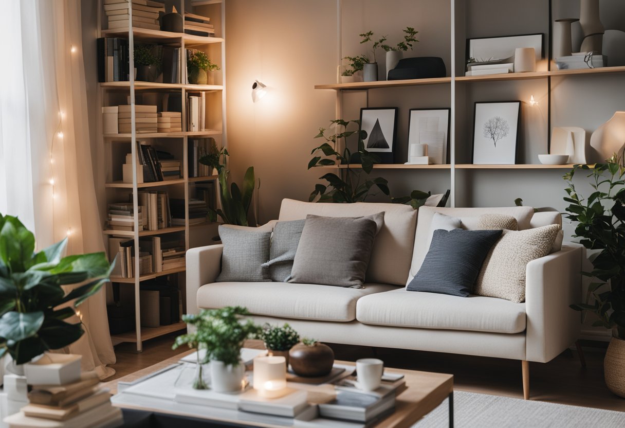A cozy living room with modern furniture, a sleek coffee table, and a stylish sofa. A bookshelf filled with books and decorative items. Bright lighting and plants add a touch of warmth to the space