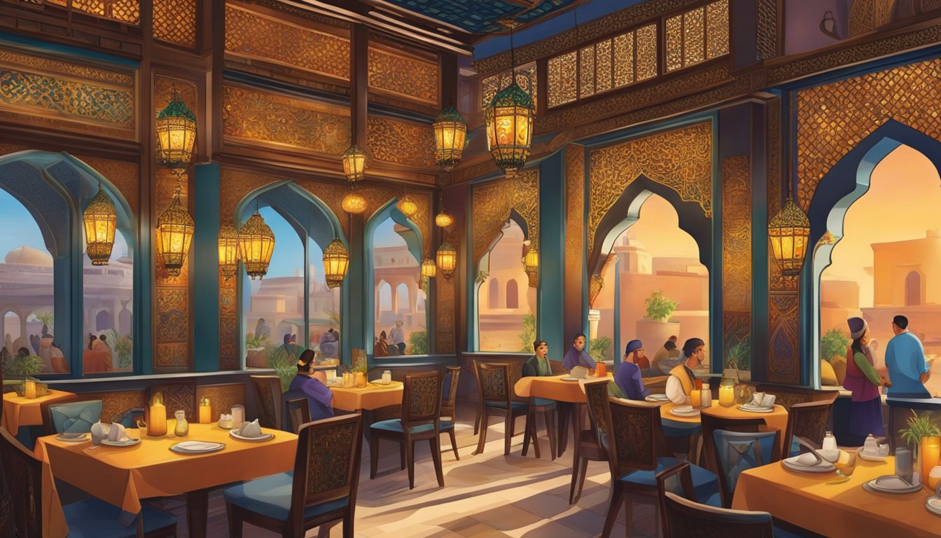 The bustling restaurant features a colorful interior with Arabic-inspired decor, including ornate lanterns and traditional patterns. The aroma of Middle Eastern spices fills the air as diners enjoy their meals