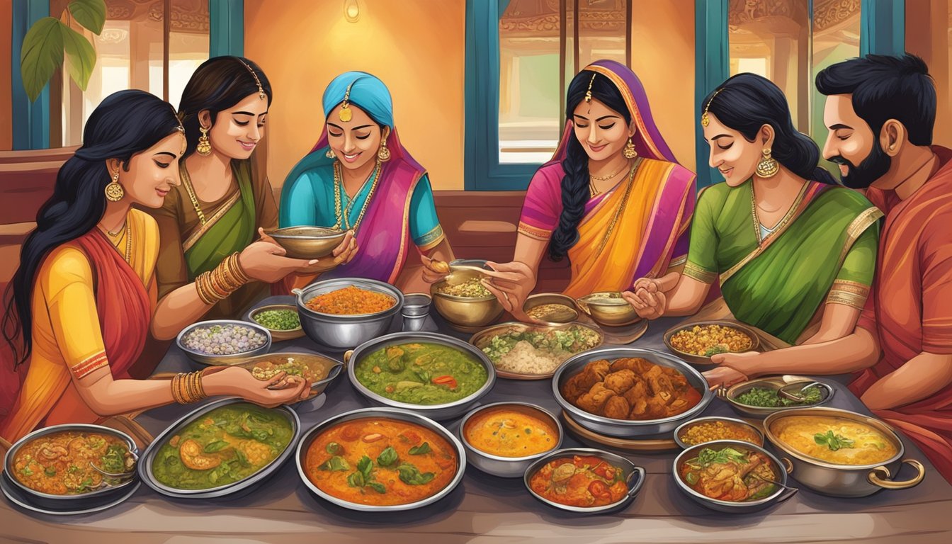 Customers savoring authentic Indian dishes at Tulasi Vegetarian Restaurant. Aromatic spices fill the air as colorful dishes are served on traditional brass plates