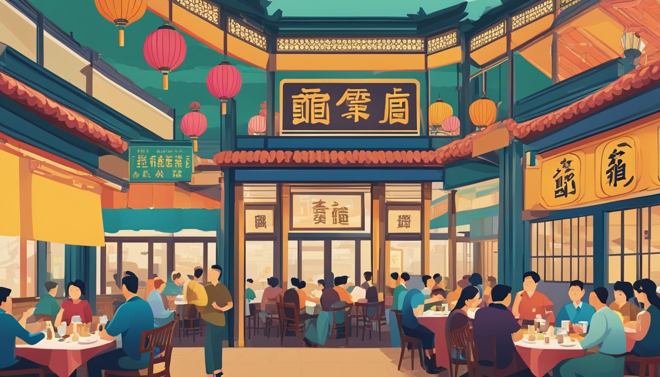 A bustling Cantonese restaurant with a sign "Frequently Asked Questions" in bold, vibrant colors. Tables filled with diners enjoying traditional dishes