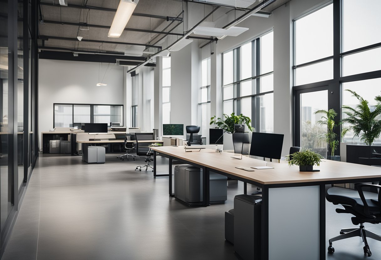 A modern office with sleek furniture, open layout, and natural lighting